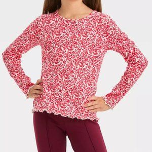Long Sleeve Ribbed T-Shirt Top Cat & Jack Pink Red Floral Print Girls L 10 / 12